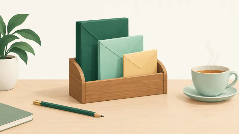 Illustration of three envelopes of different thickness in a desk organizer, for a guide to the 50/30/20 budget