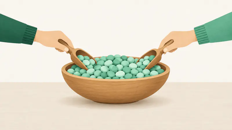 A wide bowl of green pebbles with two small scoops reaching in from opposite sides