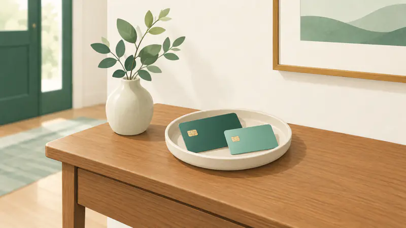 Illustration of two plain cards, one full size and one smaller, resting together in one ceramic dish on a hallway table, for a guide to adding an authorized user to a credit card