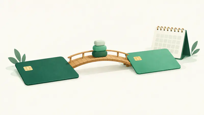 Illustration of a stack of blocks being carried across a short footbridge from one plain card to another, for a guide to how a balance transfer credit card works