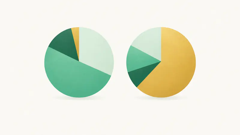Two pie shapes split into slices of different sizes, one mostly everyday categories and one dominated by travel