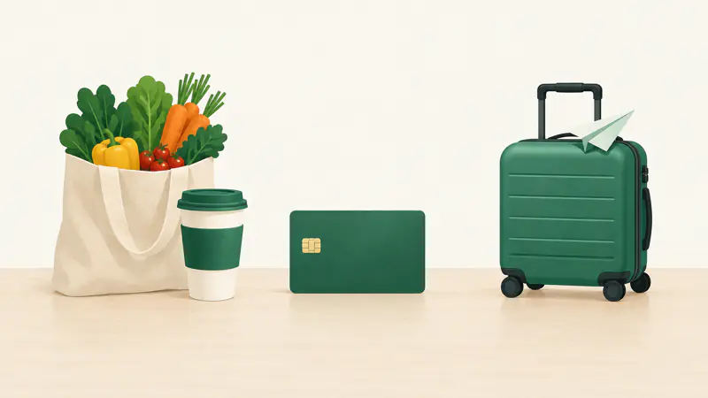 Illustration of a credit card between a grocery bag and a travel suitcase, for a guide comparing cash back vs travel rewards credit cards
