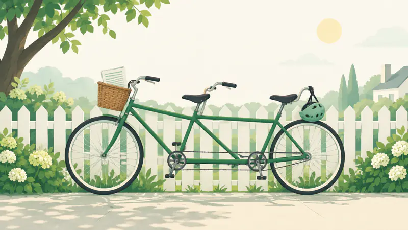 Illustration of a tandem bicycle leaning against a garden fence with a document in its basket, for a guide to cosigning a loan