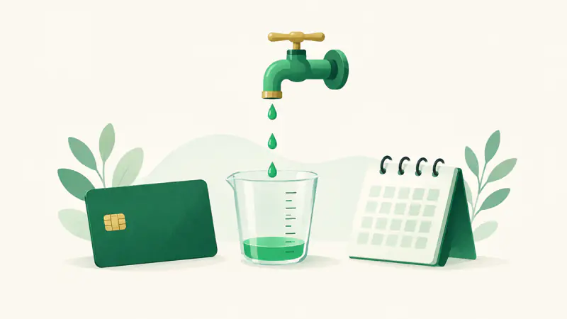 Illustration of a tap dripping into a measuring cup beside a credit card and a calendar, for a guide to how credit card APR turns into daily interest