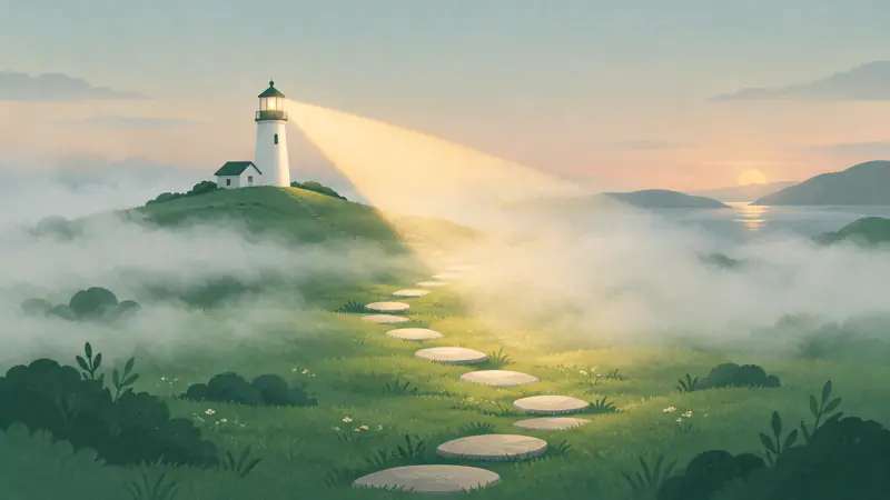 Illustration of a lighthouse beam clearing soft fog over a meadow path, for a guide to credit score myths