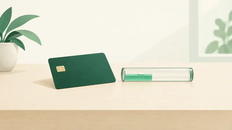 Illustration of a credit card beside a fill gauge about one quarter full, for a guide on credit utilization