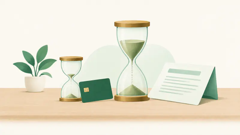 A small hourglass nearly run out beside a credit card, and a taller hourglass beside a loan document