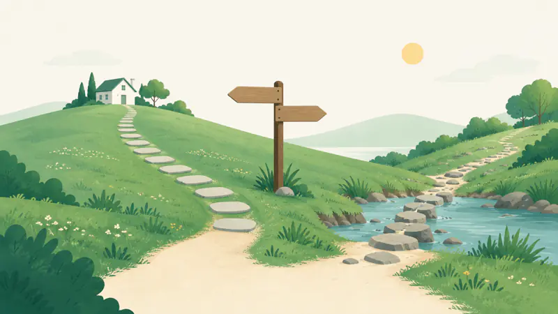 Illustration of a meadow path splitting in two at a blank signpost, for a guide on debt management plan vs debt settlement