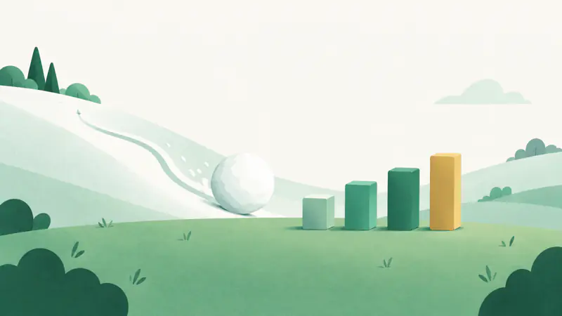 Illustration of a snowball growing as it rolls down a gentle slope beside four blocks, for a comparison of debt snowball vs avalanche