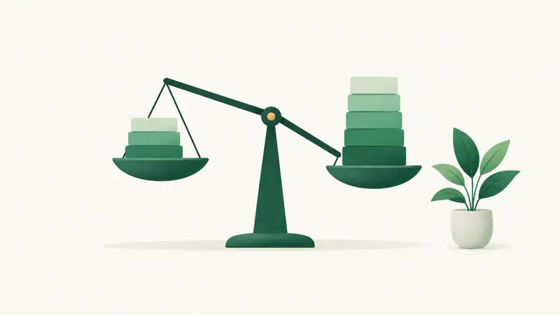 A balance scale with a short stack of blocks on one side and a taller stack on the other