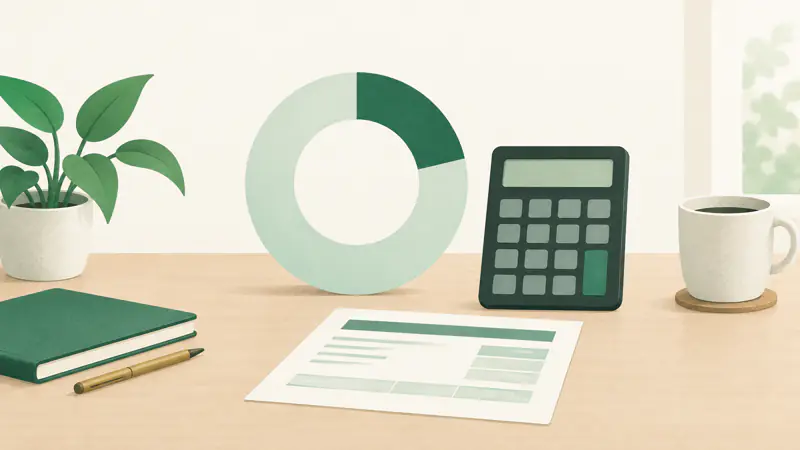 Illustration of a ring chart with one green segment beside a plain calculator and a pay stub, for a guide to the debt-to-income ratio