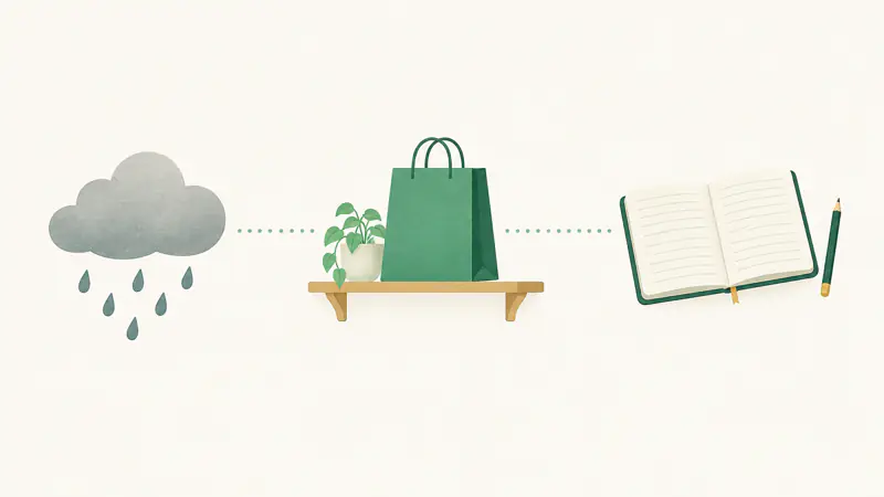 A rain cloud, a shopping bag set aside on a shelf and an open notebook, joined by a dotted line