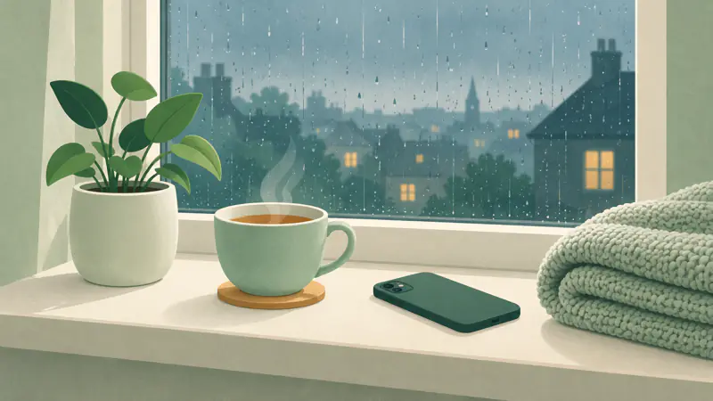 Illustration of a phone lying face down beside a cup of tea and a small plant on a rainy windowsill, for a guide to emotional spending
