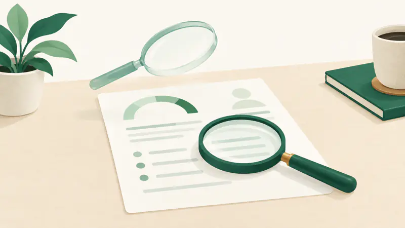 Illustration of a light magnifying glass and a heavier one over a blank credit report, for a guide on hard vs soft inquiry