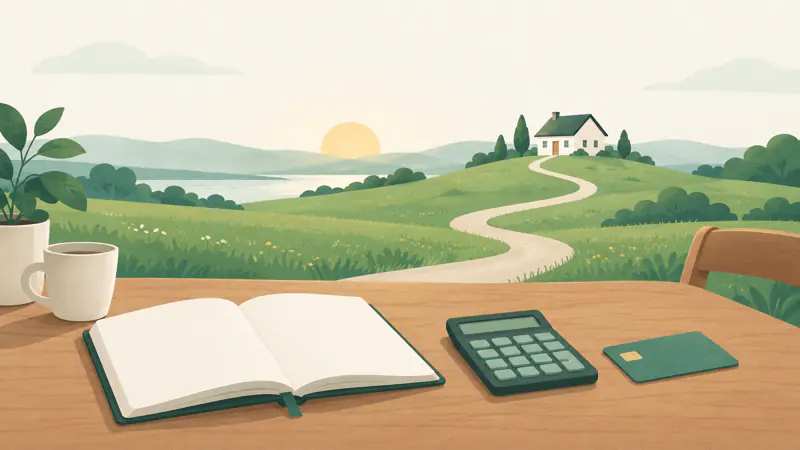 Illustration of a calm green meadow path leading to a small house, with a notebook, a calculator and a credit card resting in the foreground