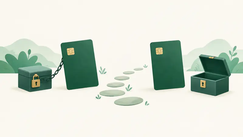 Two plain cards, one chained to a lockbox and one standing free beside the open lockbox, joined by a path of stepping stones