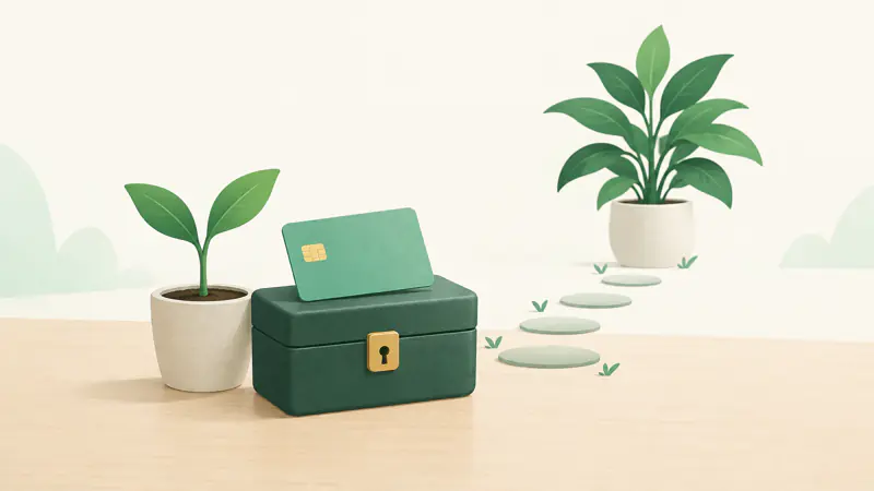 Illustration of a plain credit card resting on a small closed lockbox beside a young potted plant, for a guide to how a secured credit card works