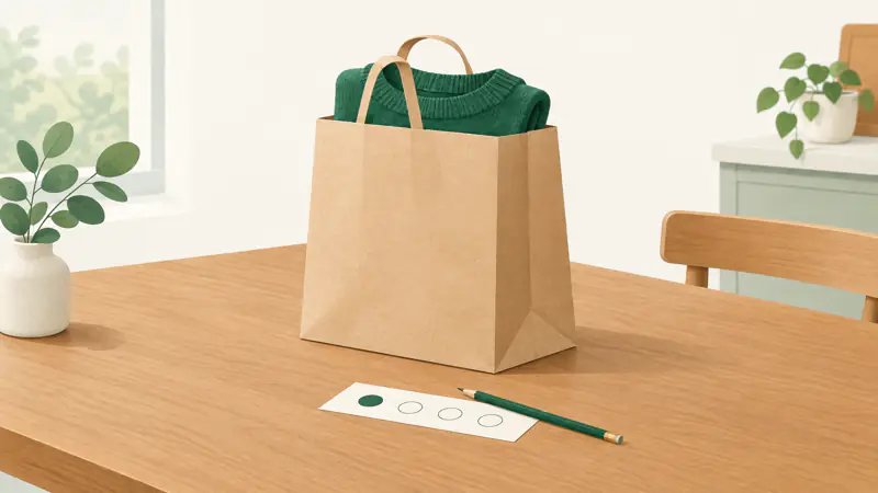 Illustration of a shopping bag beside a paper strip with four circles, one filled in, for a guide to how buy now, pay later works