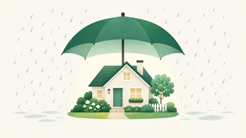Illustration of a small house kept dry under a large green umbrella, for a guide on how much to save in an emergency fund