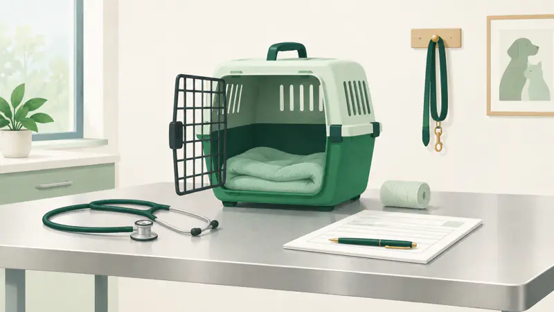 Illustration of an open pet carrier on a veterinary exam table beside a stethoscope and a claim form, for a guide to pet insurance