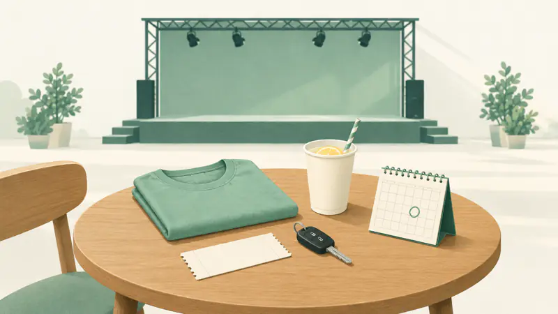 Illustration of a blank paper ticket on a small table beside a folded T-shirt, a car key and a calendar page, for a guide on how to budget for concert tickets