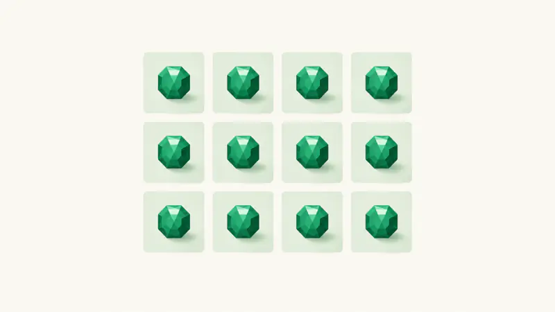A grid of twelve tiles, each holding one identical small gem