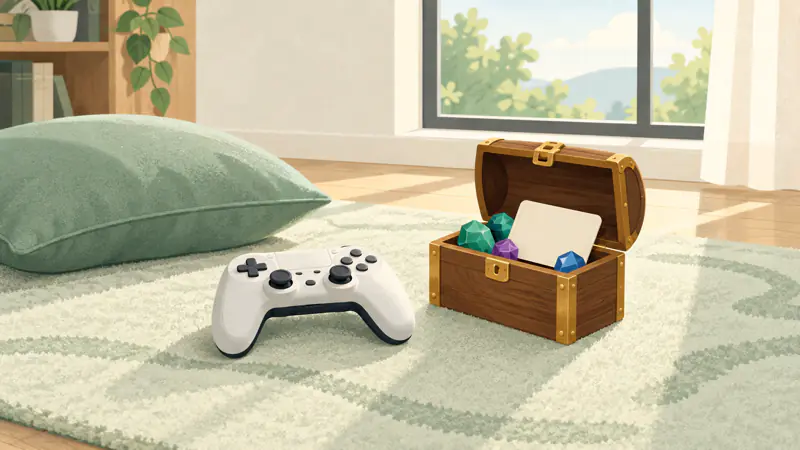 Illustration of a plain game controller on a rug beside a small open wooden chest of colorful gems and a blank gift card, for a guide to budgeting for in-game purchases