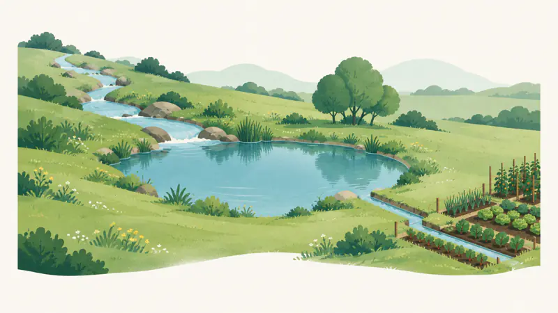 Illustration of an uneven stream filling a small pond that releases a steady flow, for a guide on how to budget on irregular income