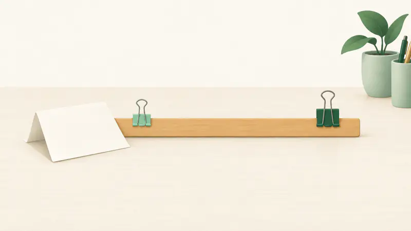 A plain ruler with a folded sheet at one end and two clips farther along