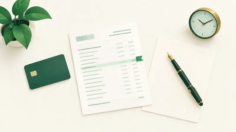 Illustration of a desk with a card statement where one line is marked by a small green flag, beside a plain card, a pen and a round clock, for a guide to how to dispute a credit card charge