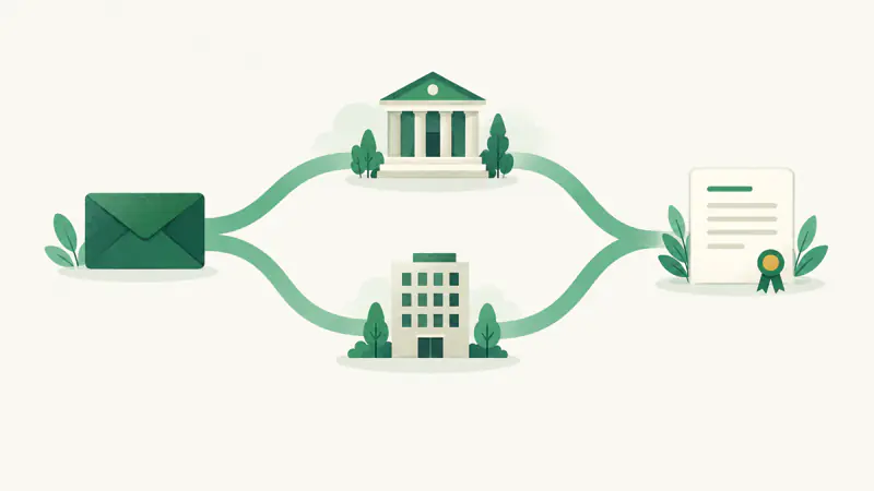 An envelope with two paths, one to a bureau building and one to an office, rejoining at one clean document