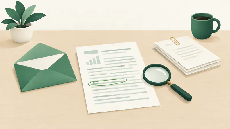 Illustration of an open envelope, a report with one line circled and a magnifying glass, for a guide on how to dispute a credit report error