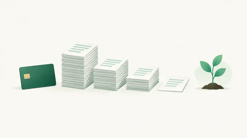 Illustration of a shrinking stack of statements next to a plain credit card, for a guide on how to get out of credit card debt