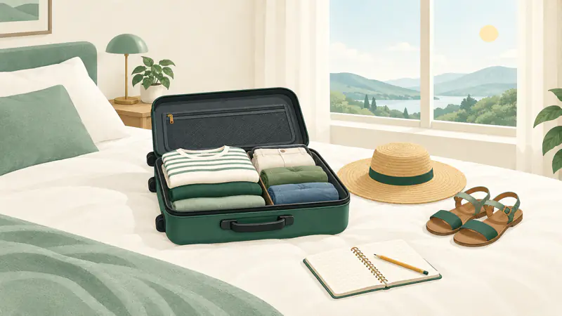 Illustration of an open suitcase with folded clothes, a sun hat and a small notebook, for a guide to making a travel budget