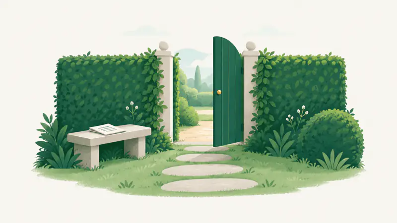 Illustration of a half-open garden gate at the end of a stepping-stone path, for a guide to getting a personal loan with fair credit