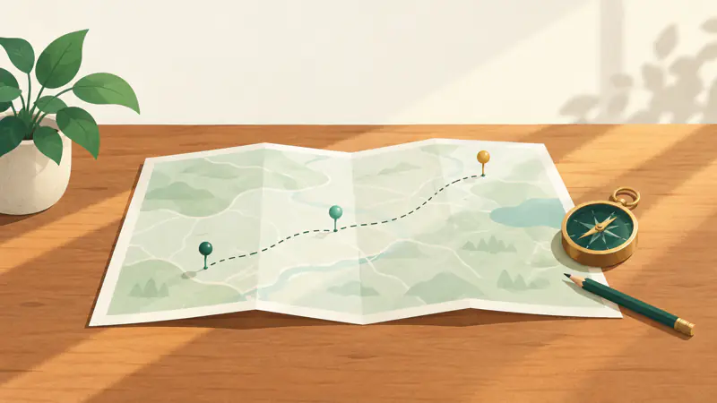 Illustration of an open blank map with a dotted route marked by three pins and a brass compass beside it, for a guide to setting financial goals