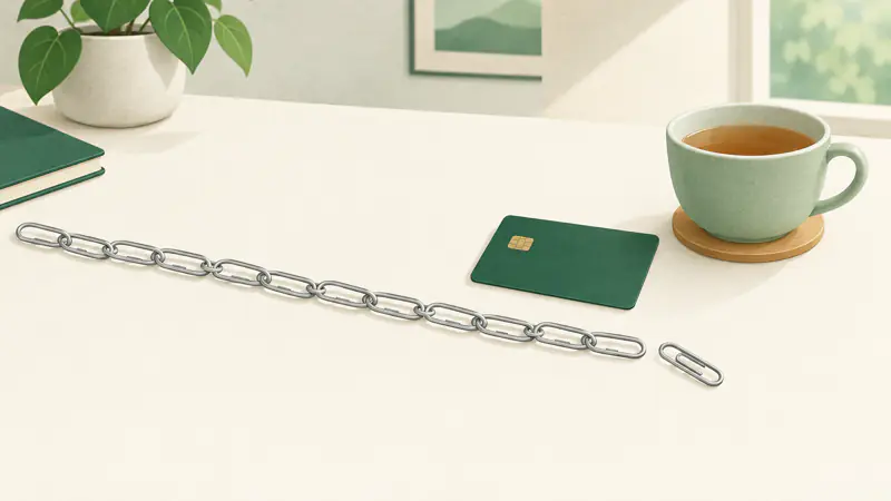 Illustration of a long chain of identical paper clips on a desk with the last clip unhooked beside a plain card, for a guide to stopping recurring charges on a credit card