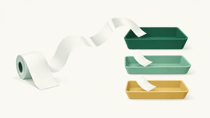 A receipt strip drifting into three trays of different depths