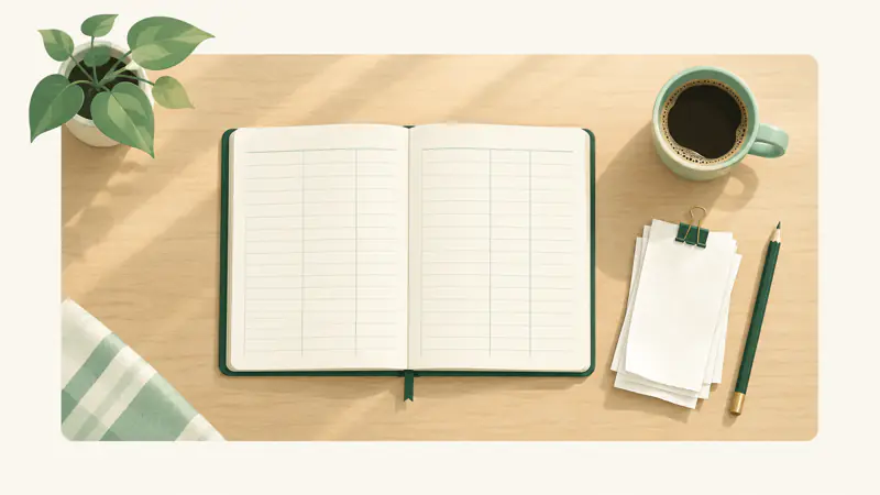 Illustration of an open notebook with empty ruled columns, a clipped stack of receipts and a pencil on a kitchen table, for a guide on how to track your spending
