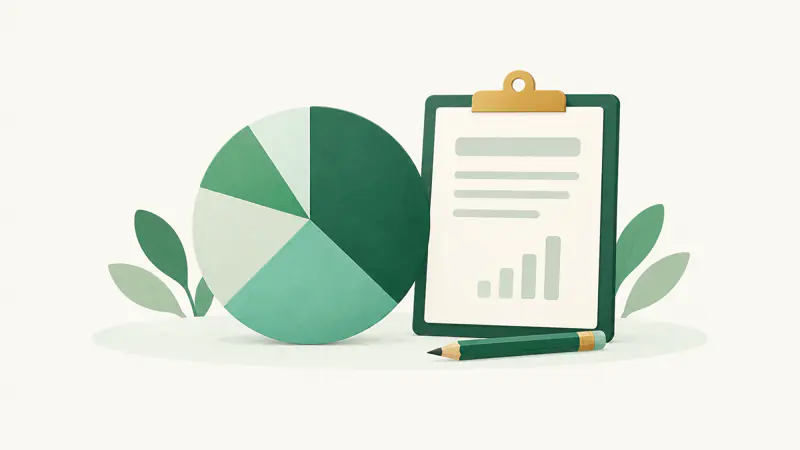 Illustration of a five-slice pie chart beside a clipboard with a blank report, for a guide on how your credit score is calculated
