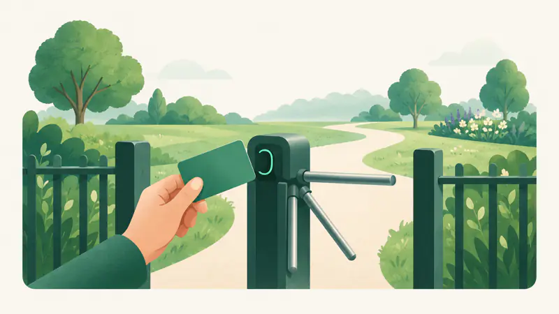 Illustration of a credit card held up at a park turnstile, for a guide to whether a credit card annual fee is worth it