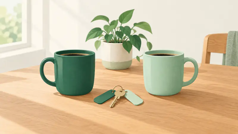 Illustration of two different mugs and one shared house key on a kitchen table, for a guide to opening a joint bank account