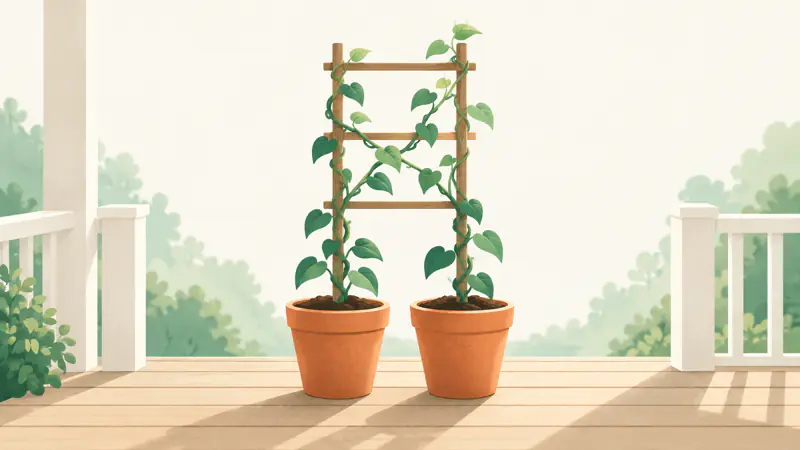 Illustration of two separate potted plants whose stems twine around one shared trellis, for a guide to marriage and credit scores
