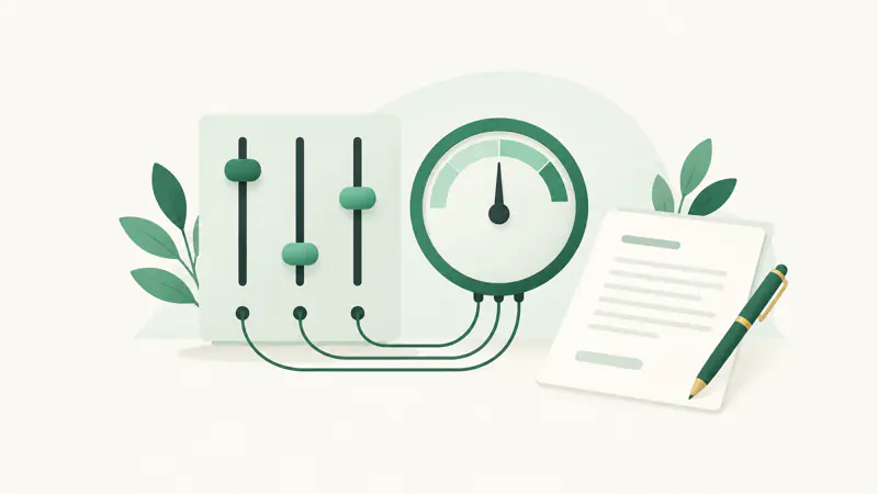 Illustration of three sliders wired to a dial beside a loan document, for a guide to how personal loan interest rates are set