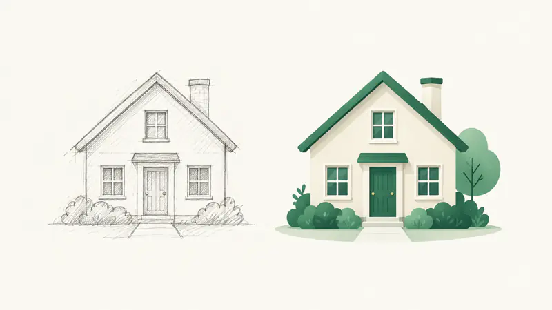 A rough pencil sketch of a house next to the same house as a finished model