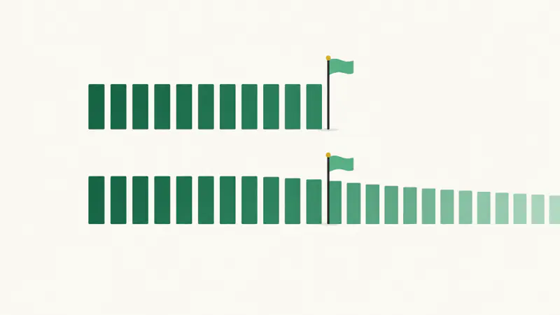 Two rows of bars: twelve equal bars ending at a flag, and a row that shrinks slowly and runs far past it