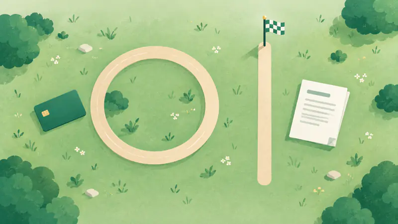 Illustration of a circular loop track next to a straight path ending at a flag, for a guide comparing a personal loan vs credit card