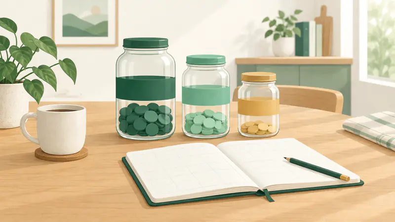 Illustration of a monthly budget planner with three jars and a notebook on a kitchen table