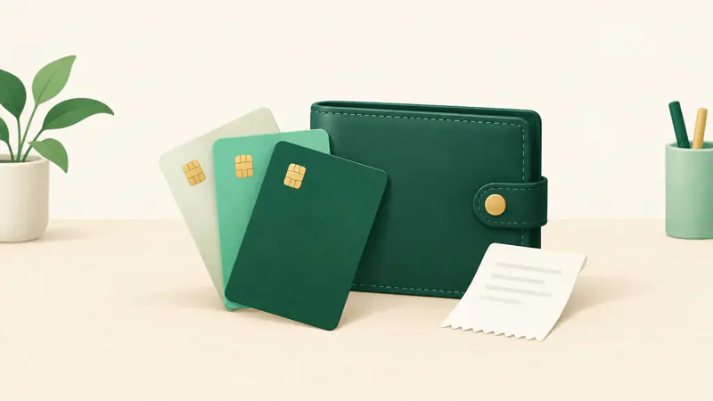 Illustration of three plain credit cards fanned out next to a small shopping receipt and a wallet