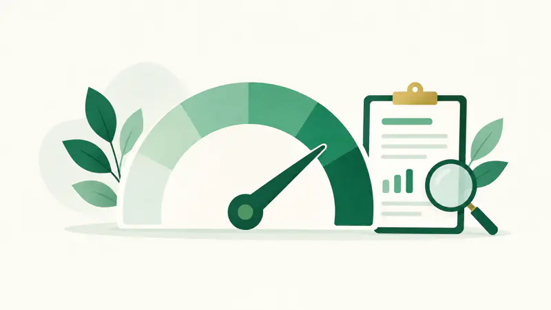 Illustration of a semicircular credit score gauge with its needle moving toward the green end